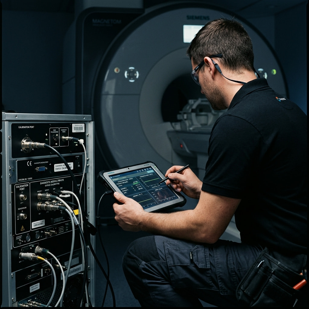 RO Care Systems certified clinical engineer performing hardware calibration and field network diagnostics